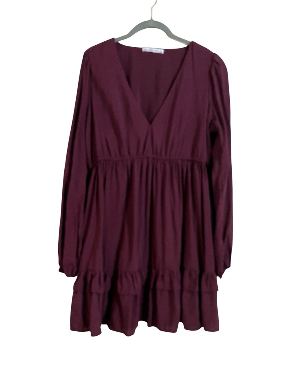 Abercrombie & Fitch Long-Sleeve V-Neck Ruffle Hem Mini Dress - Burgundy - Size L